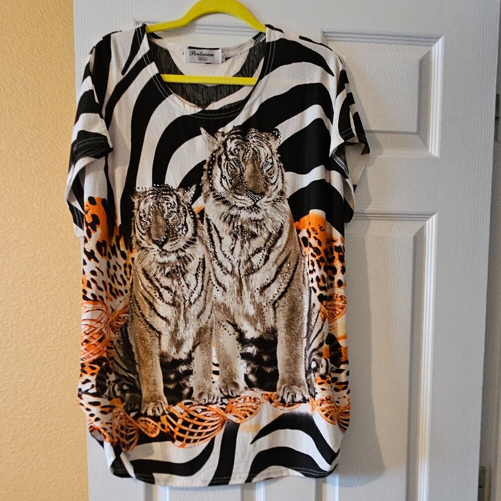 Women's Portman Fashion Embellished Tigers Tunic, Size XXL